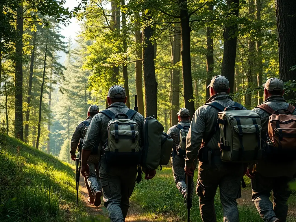 A group of hunters participating in a guided hunting activity in a forest, emphasizing safety and responsible hunting practices.