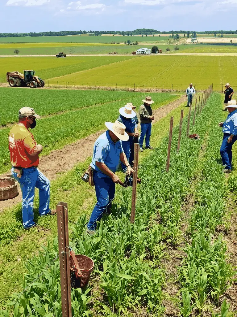 A photo of ASSOCIATION COMMUNALE DE CHASSE AGREEE DE BREUILLET members working with local farmers to implement strategies for protecting crops from wildlife damage, showcasing their community involvement.