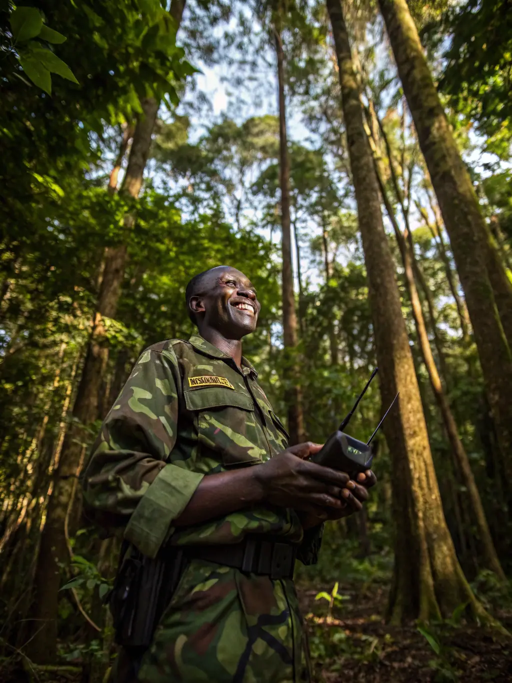 A warden patrolling the forest, looking out for poachers and ensuring the safety of the wildlife.