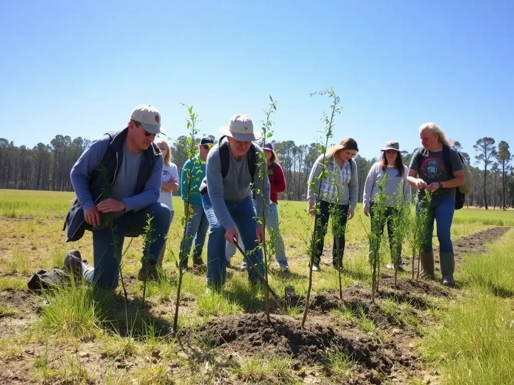 A group of volunteers participating in a habitat restoration project, planting trees and clearing debris to improve the local ecosystem.