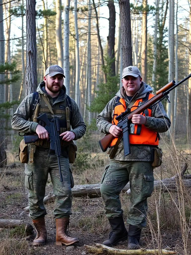 A photograph depicting members of the ASSOCIATION COMMUNALE DE CHASSE AGREEE DE BREUILLET participating in a supervised hunting activity in the Breuillet region, emphasizing safety and responsible hunting practices.