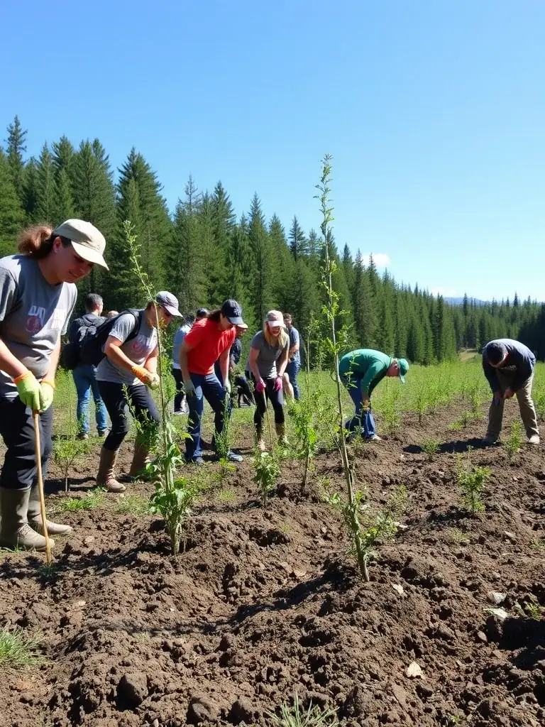 A group of volunteers planting trees and native plants in a deforested area, showcasing habitat restoration.