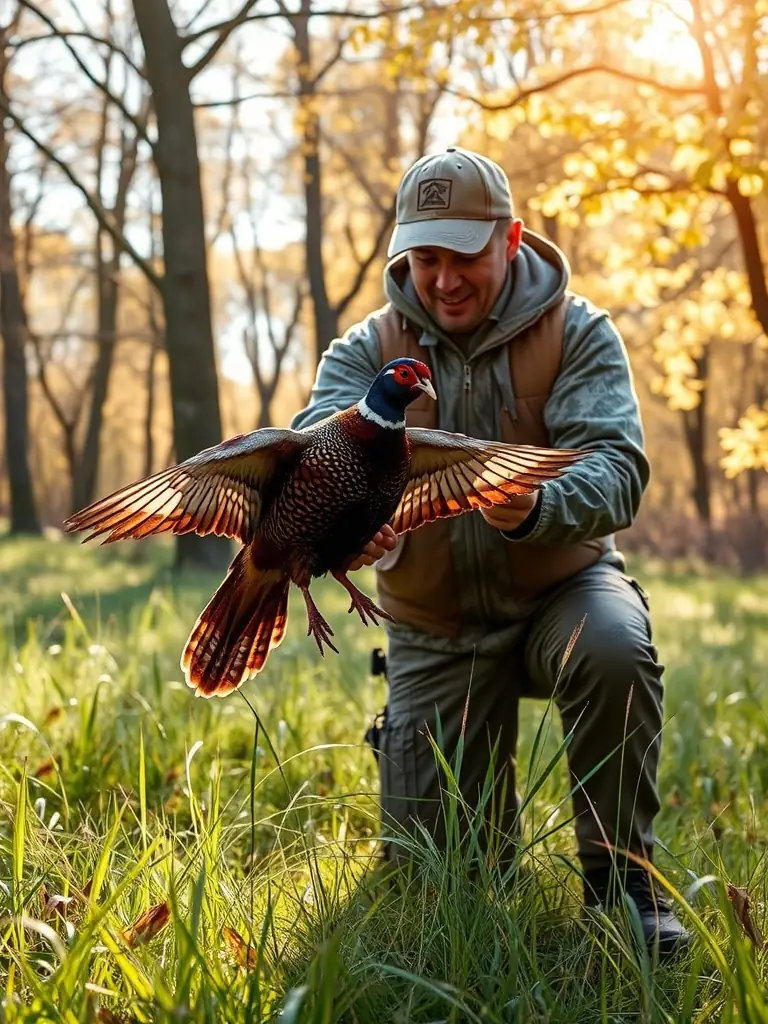 A close-up shot of a hunter carefully releasing a pheasant back into its natural habitat, emphasizing conservation efforts.
